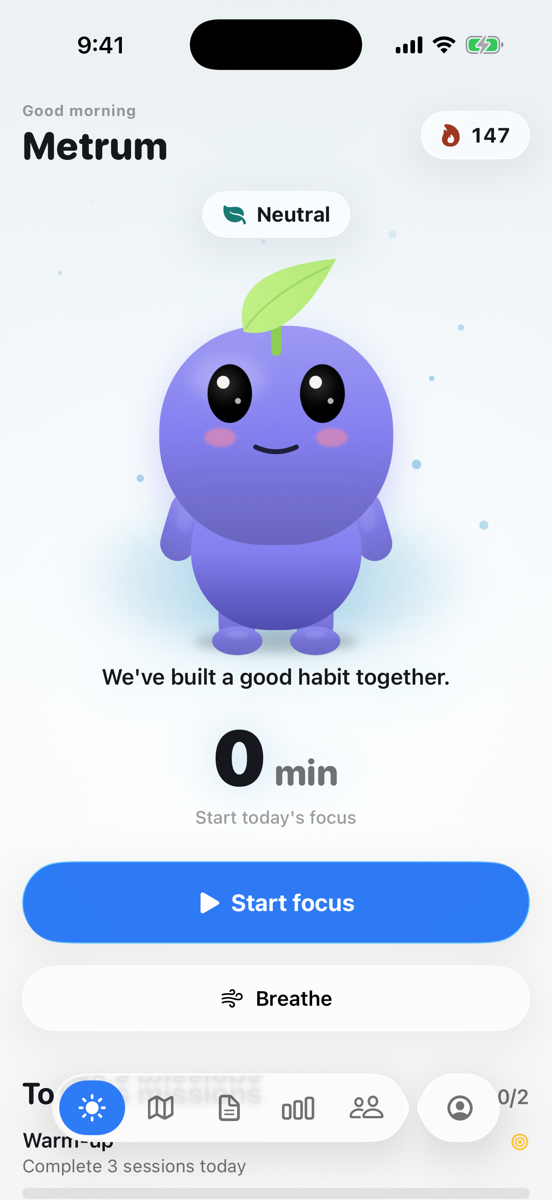 Metrum for iPhone — home screen with your study companion and daily focus total